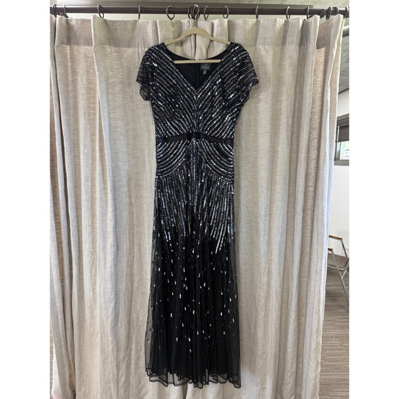 Adrianna Papell Dresses & Skirts - Adrianna Papell Black Silver Sequin Beaded Gown V-Neck Formal Maxi Dress 12